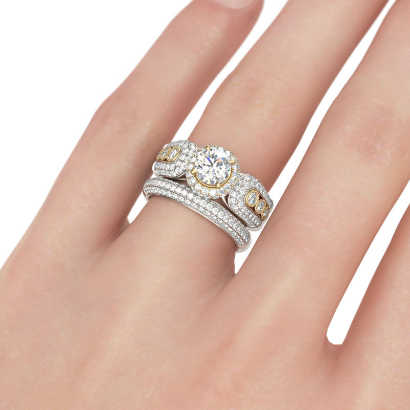 Jeulia Conjunto De Anillos Con Dos Tonos De Halo De Talla Redonda En Plata De Ley