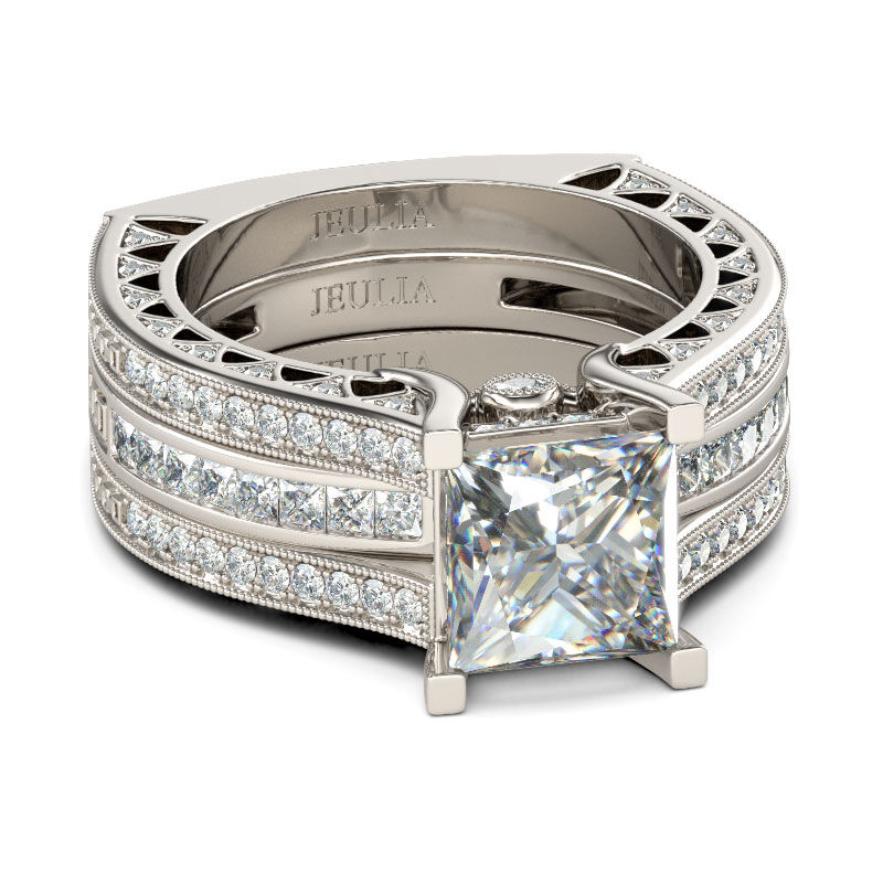 Jeulia Art Deco Interchangeable Princess Cut Sterling Silver Ring Set