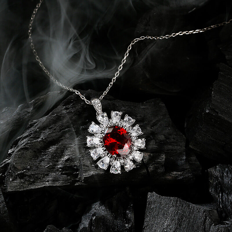 Jeulia "Burning Red" Luxury Halo Oval Cut Sterling Silver Necklace