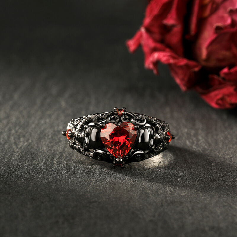 Jeulia Black Twist Ruby Heart Skull Ring Sterling Silver