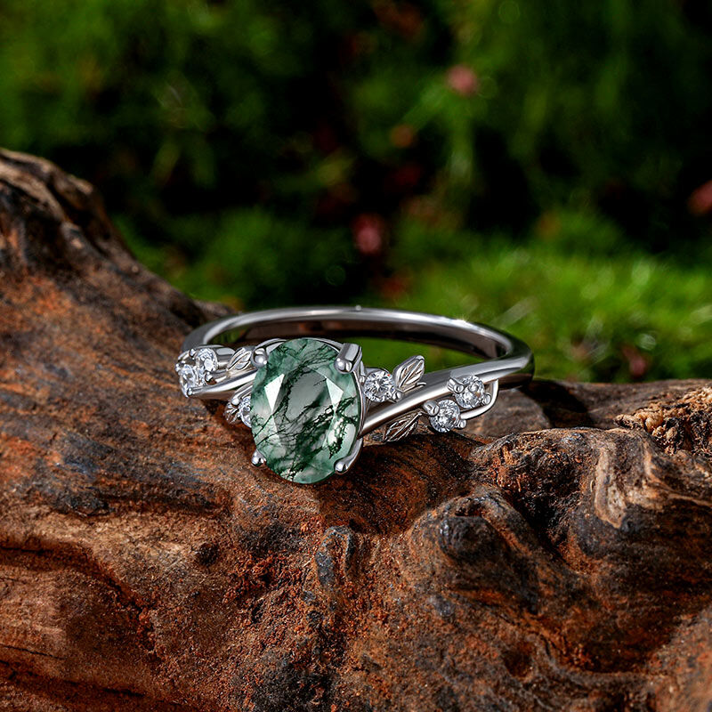 Jeulia Anillo de Compromiso Ovalado Hoja de Vid en Ágata Musgo