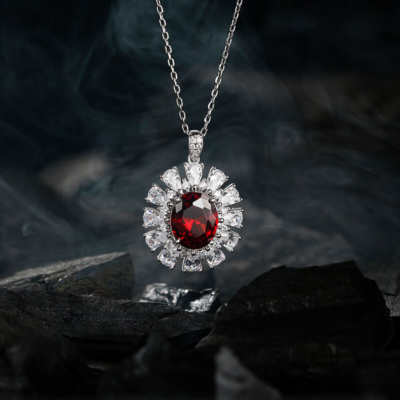 Jeulia "Burning Red" Luxury Halo Oval Cut Sterling Silver Necklace