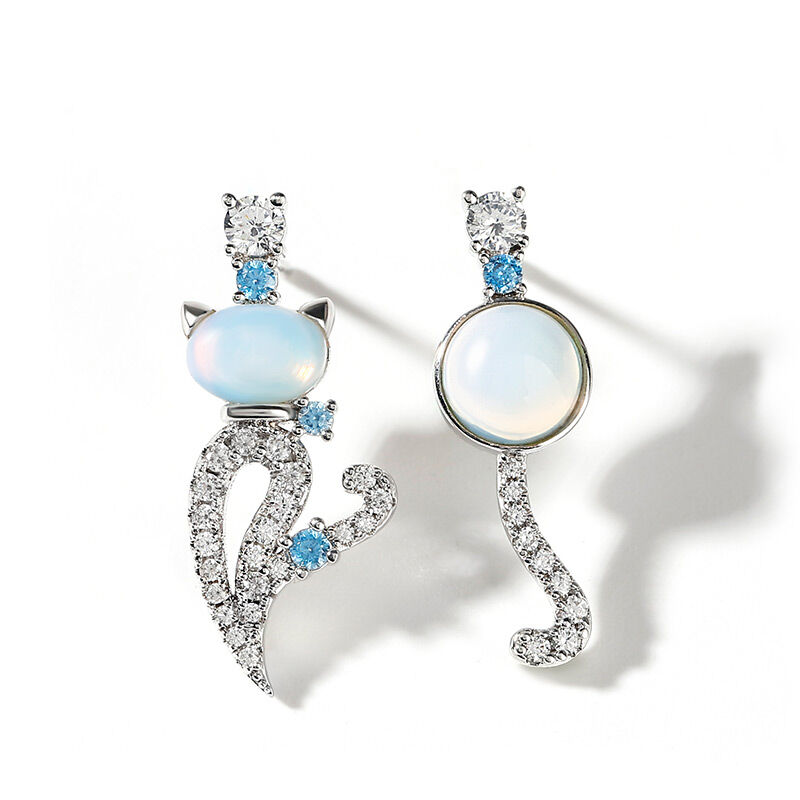 Jeulia "Moonlight Magic" Cat Sterling Silver Asymmetric Moonstone Earrings