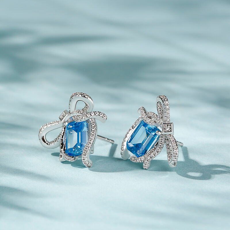 Jeulia "Blue Treasure" Bowknot Emerald Cut Sterling Silver Earrings