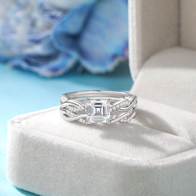 Jeulia Twist Asscher Cut Sterling Silver Ring Set