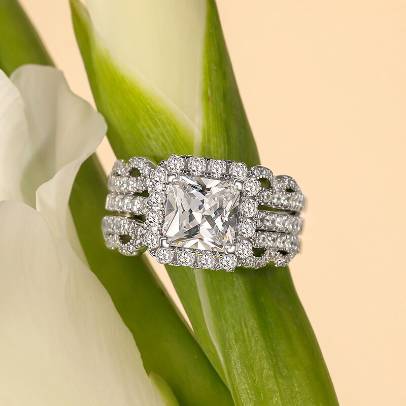 Jeulia Flower Leaf Halo Square Asscher Cut Engagement Ring Set