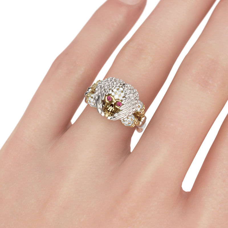 Jeulia Feather Round Cut Sterling Silver Skull Ring