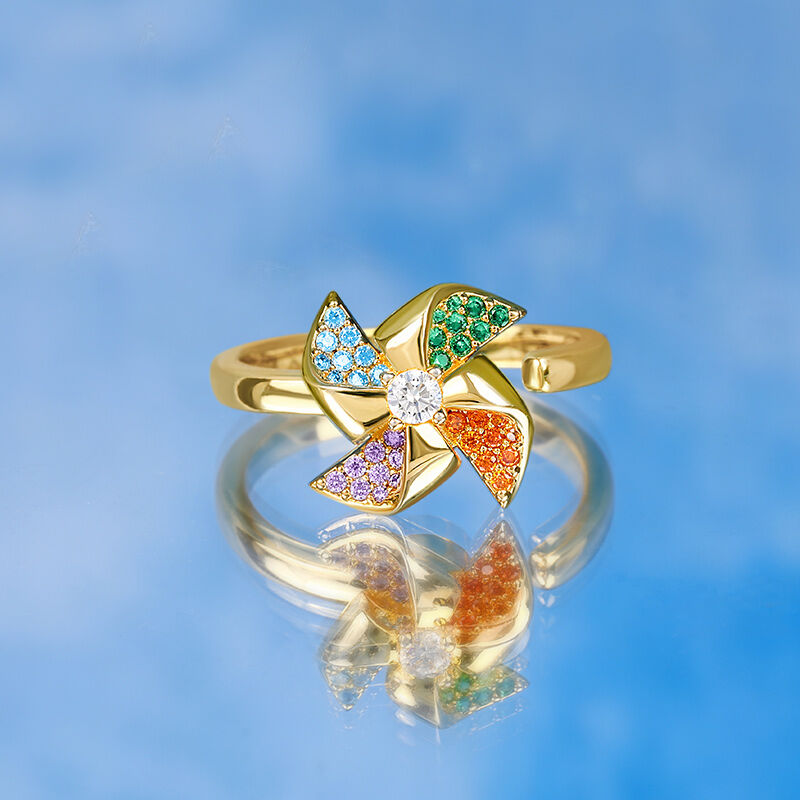 Jeulia "Back to Youth" Rotating Colorful Windmill Sterling Silver Open Ring