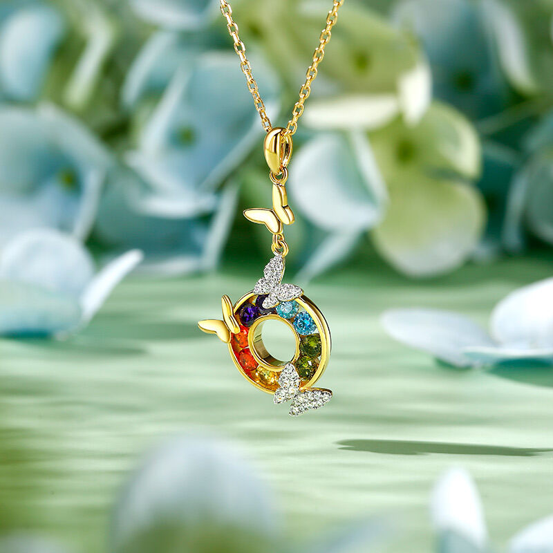 Jeulia Butterfly on Rainbow Circle Sterling Silver Necklace