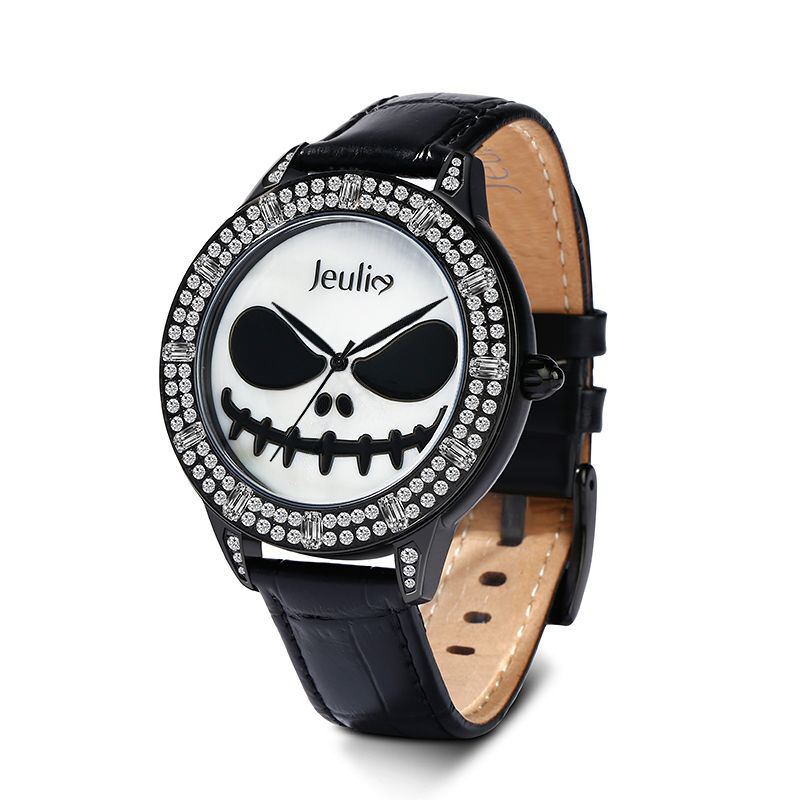 Jeulia "Master of Fright" Skull Design Quartz Black Leather Watch with Mother-of-Pearl Dial