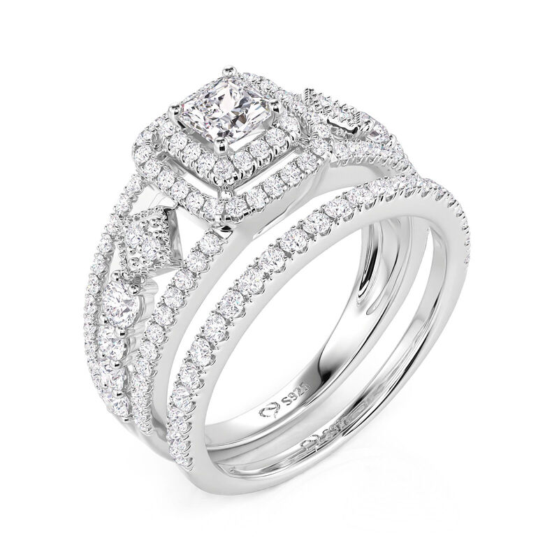 Jeulia Juego de Anillos de Compromiso Corte Princesa con Doble Halo en Plata de Ley