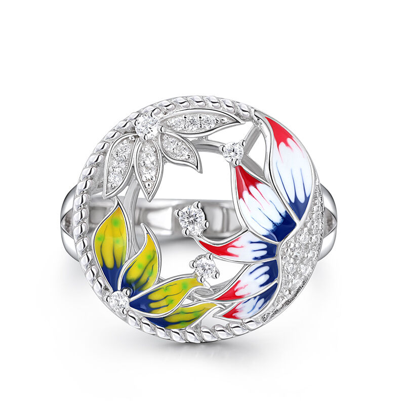Jeulia Anillo Grande Redondo de Plata Esmaltada Flor para Mujer