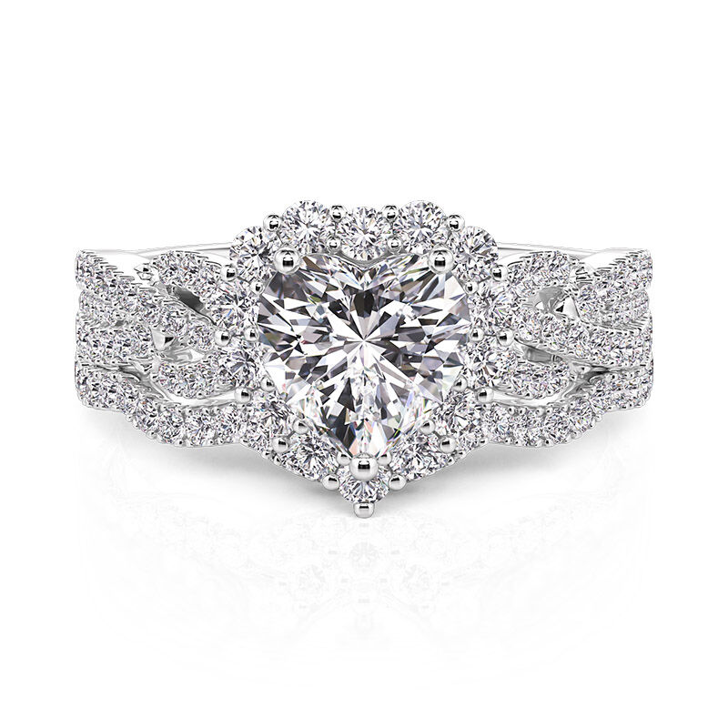 Jeulia Juego de Anillo de Boda Corte de Corazón con Halo Vintage Trenzado en Plata Esterlina