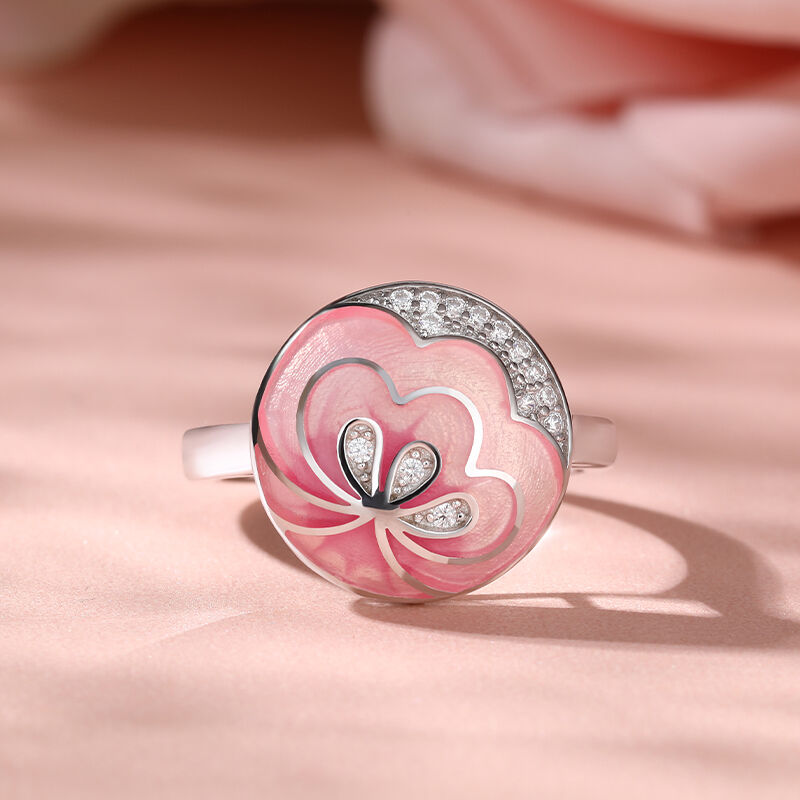 Jeulia "Pink Love" Flower Enamel Sterling Silver Ring