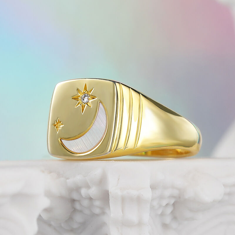 Jeulia Star and Moon Signet Sterling Silver Ring