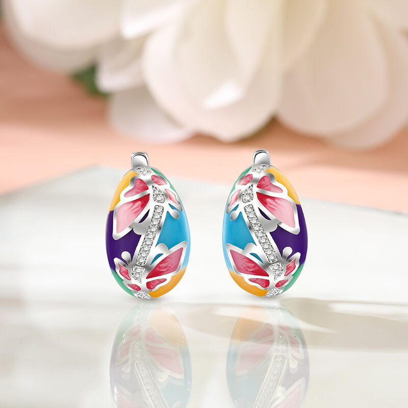 Jeulia "Natural Beauty" Butterfly & Flower Enamel Sterling Silver Hoop Earrings