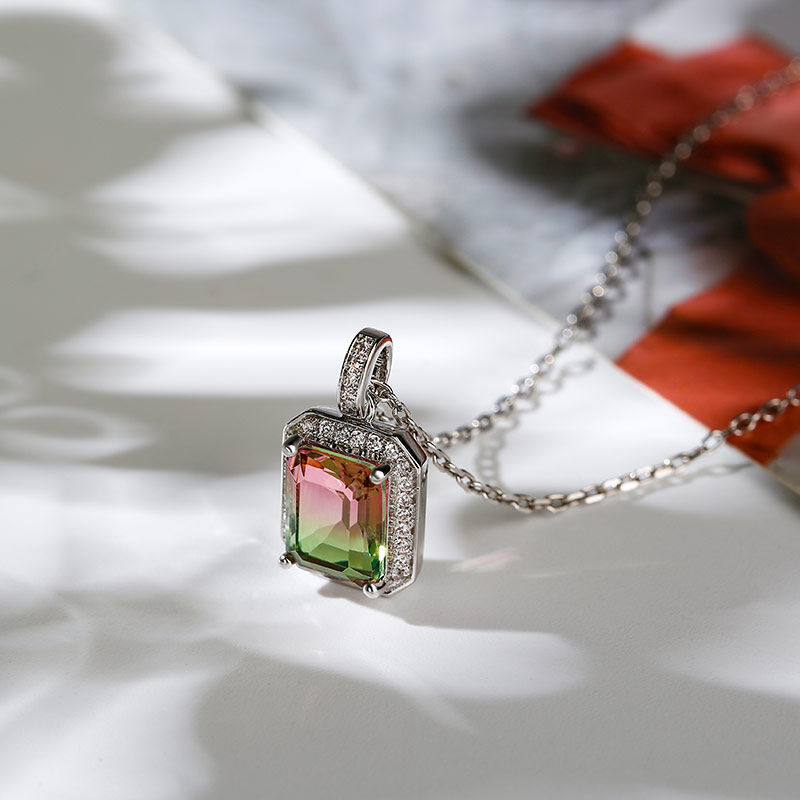 Jeulia "One of a Kind" Emerald Cut Sterling Silver Watermelon Necklace