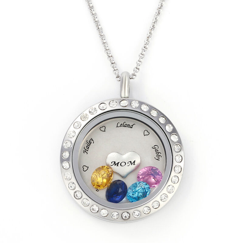 Jeulia Engraved Floating Locket Necklace With Charms And Birthstones Stainless Steel