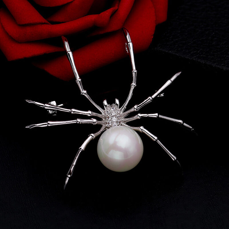 Jeulia Spider Design White Pearl Copper Brooch