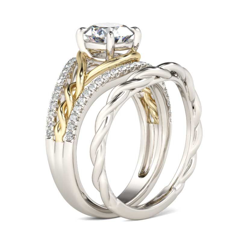 Jeulia Two Tone Braid Round Cut Sterling Silver Ring Set