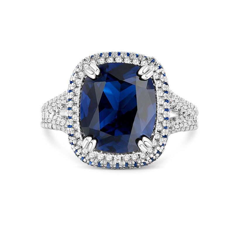 Jeulia "Blue Fantasy" Side Halo Cushion Cut Sterling Silver Engagement Ring