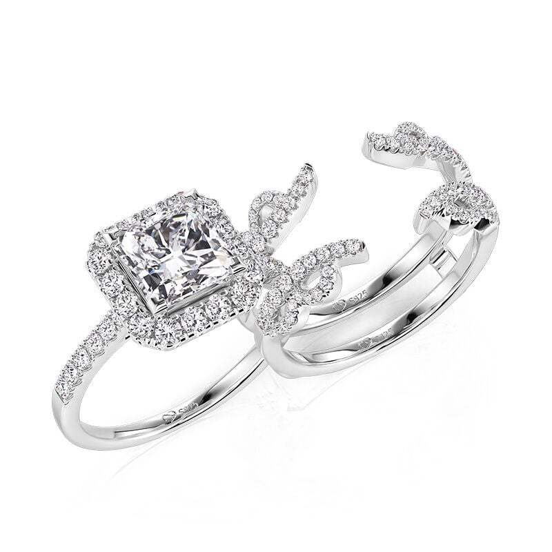 Jeulia Flower Leaf Halo Square Asscher Cut Engagement Ring Set