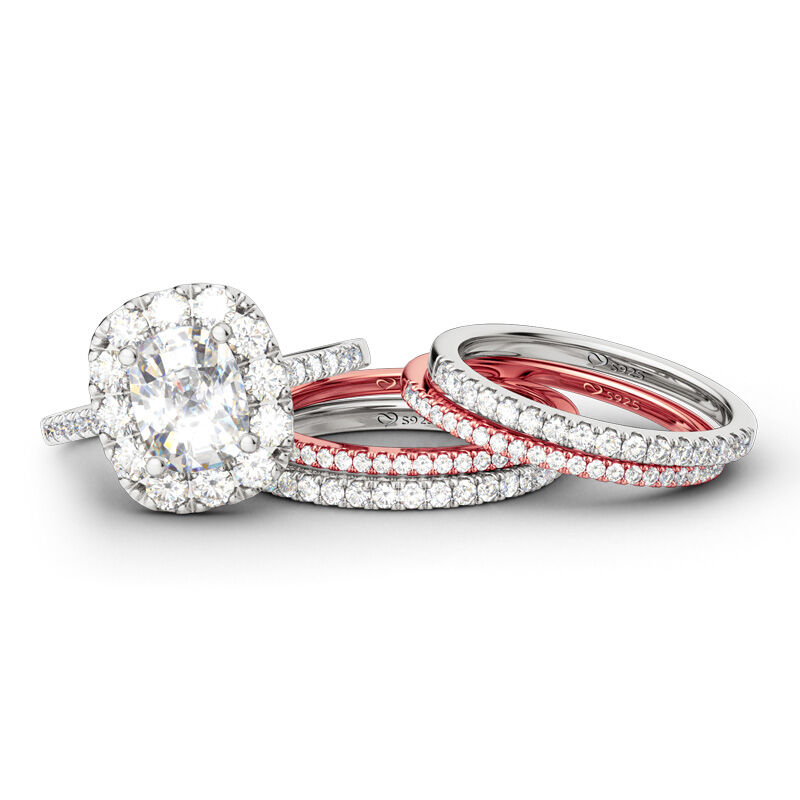 Jeulia Two Tone Halo Sterling Silver Ring Set