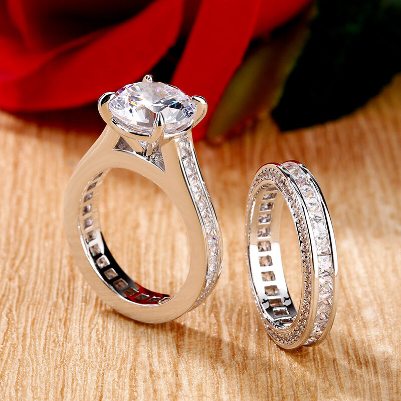 Jeulia Round Cut Three Sided Pave Sterling Silver Eternity Ring Set
