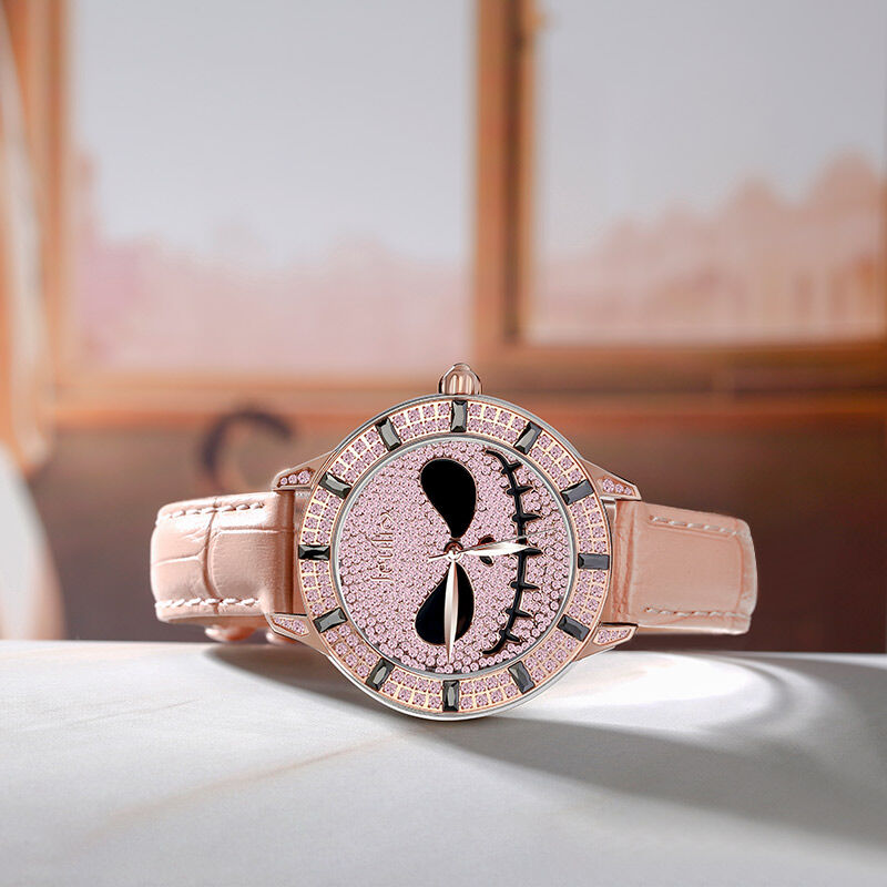 Jeulia Reloj de mujer de cuero rosa de cuarzo Jack Skellington