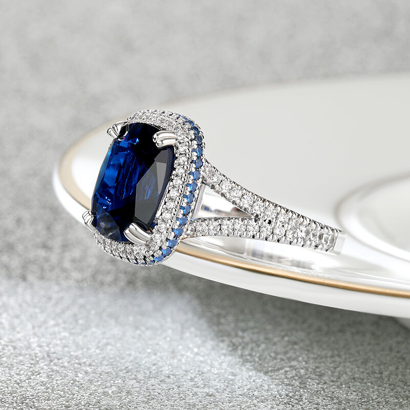 Jeulia "Blue Fantasy" Side Halo Cushion Cut Sterling Silver Engagement Ring