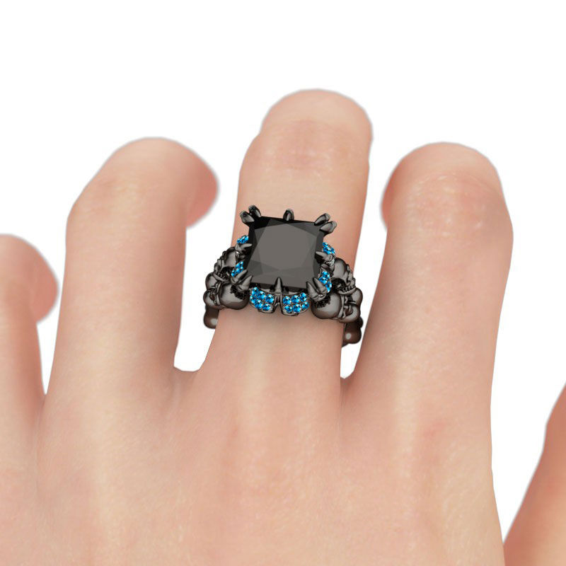 Jeulia Fancy Black Princess Cut Sterling Silver Skull Ring