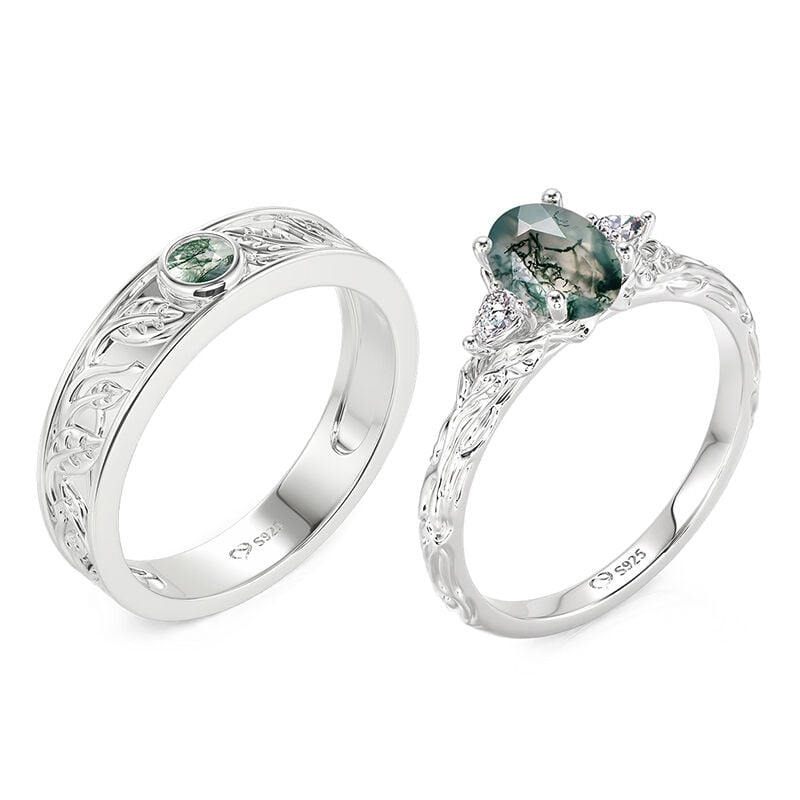 Jeulia Nature Inspired Moss Agate Couple Rings Set