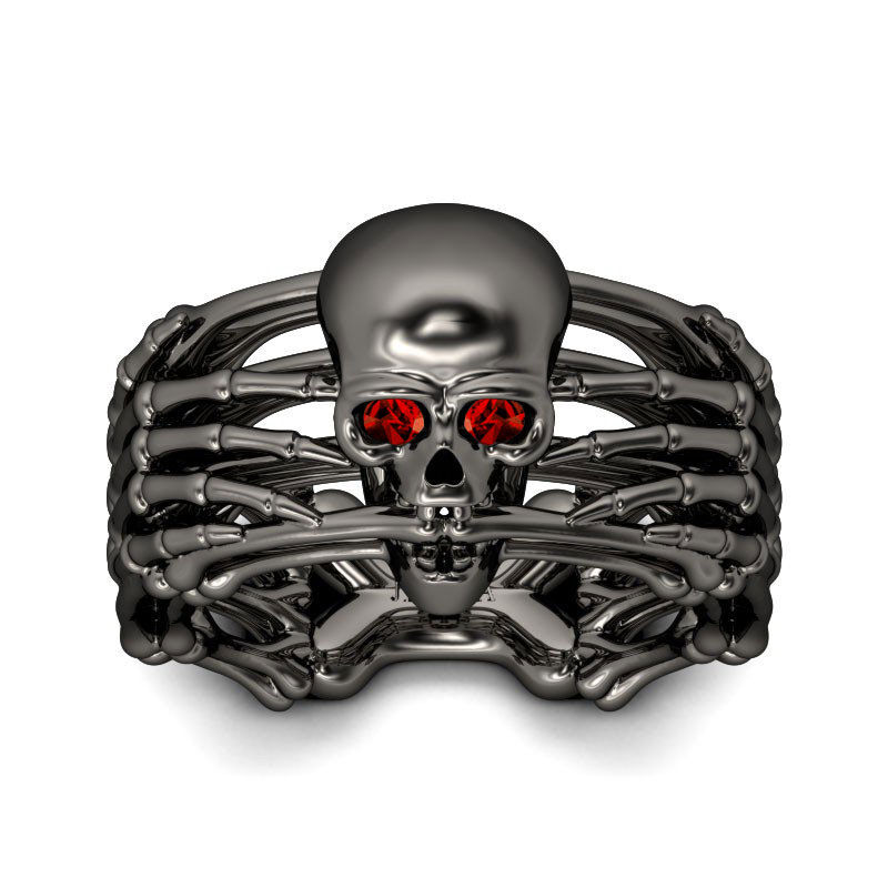 Jeulia Skeleton Black Sterling Silver Skull Ring