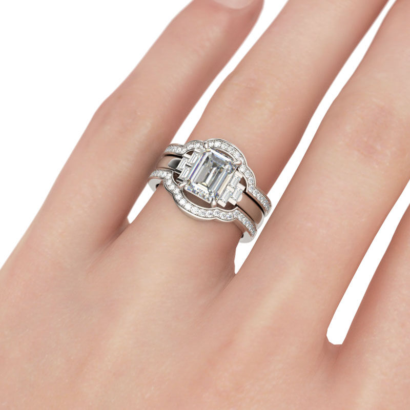 Jeulia Terno De Anillos De Talla Esmeralda En Plata De Ley