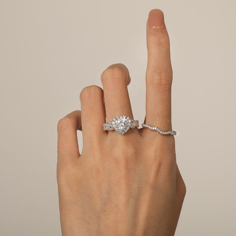 Jeulia Juego de Anillo de Boda Corte de Corazón con Halo Vintage Trenzado en Plata Esterlina