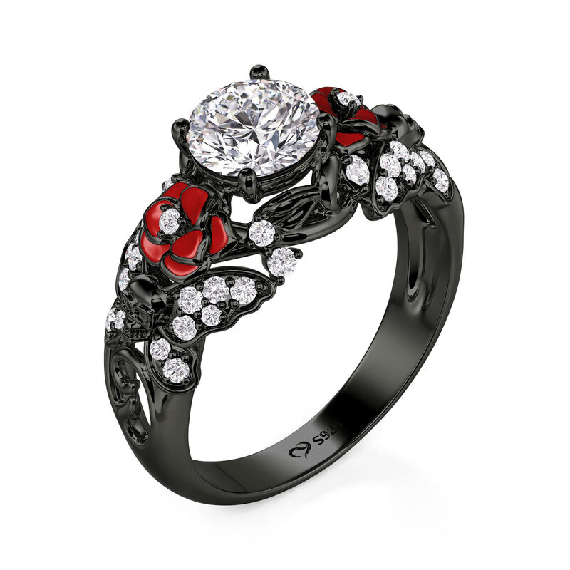 Jeulia Bague Crâne Noir Rose et Papillon en Argent Sterling