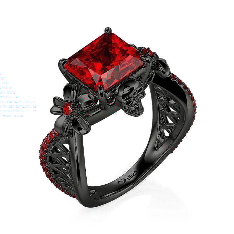 Jeulia Floral Radiant Ruby Gothic Black Skull Ring Hollow Shank