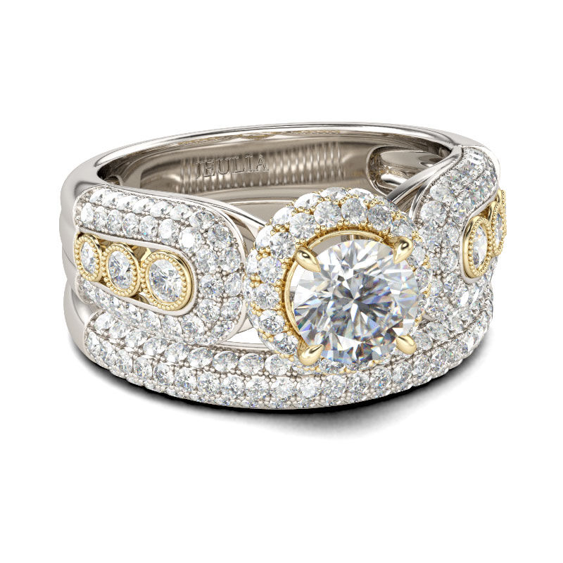 Jeulia Conjunto De Anillos Con Dos Tonos De Halo De Talla Redonda En Plata De Ley