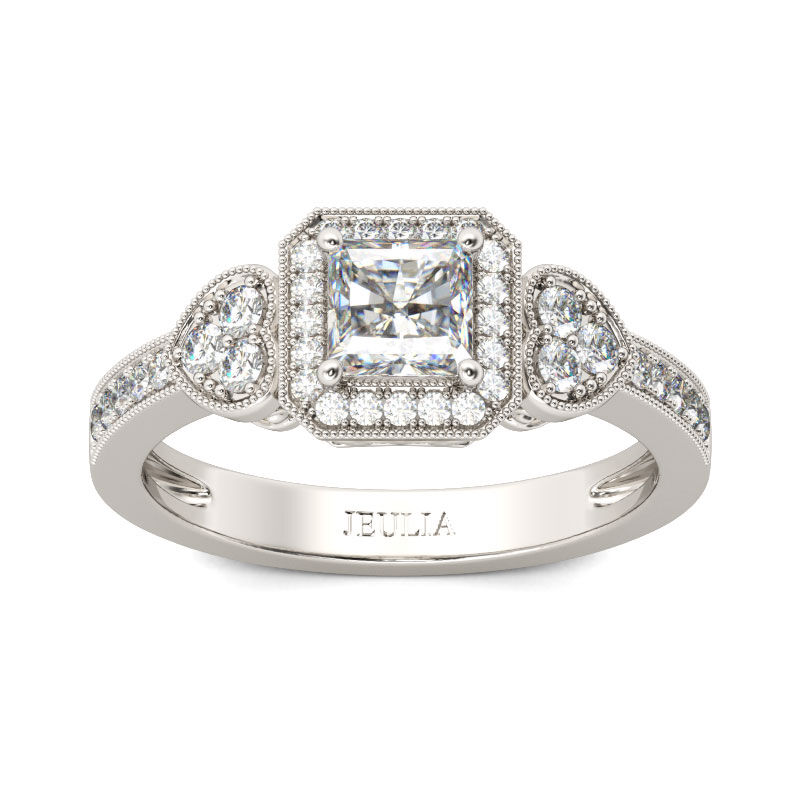 Jeulia Halo Heart Design Princess Cut Sterling Silver Ring