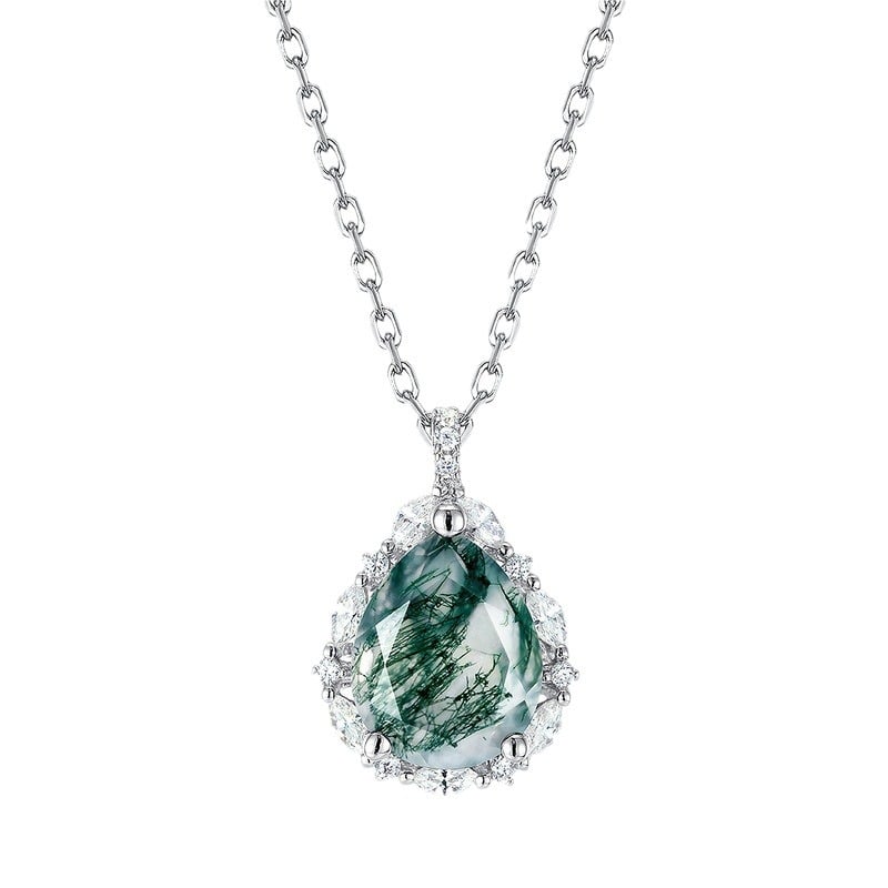 Jeulia Classic Pear Cut Moss Agate Necklace Sterling Silver