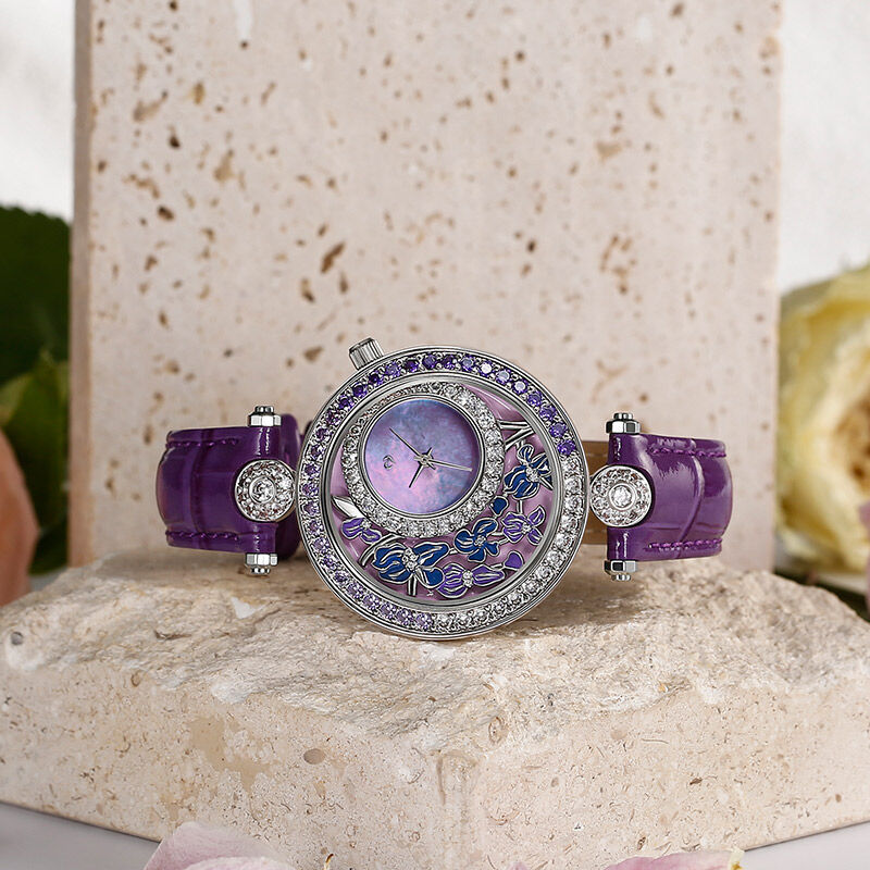 Jeulia Reloj de mujer de piel púrpura con cuarzo con diseño de flor