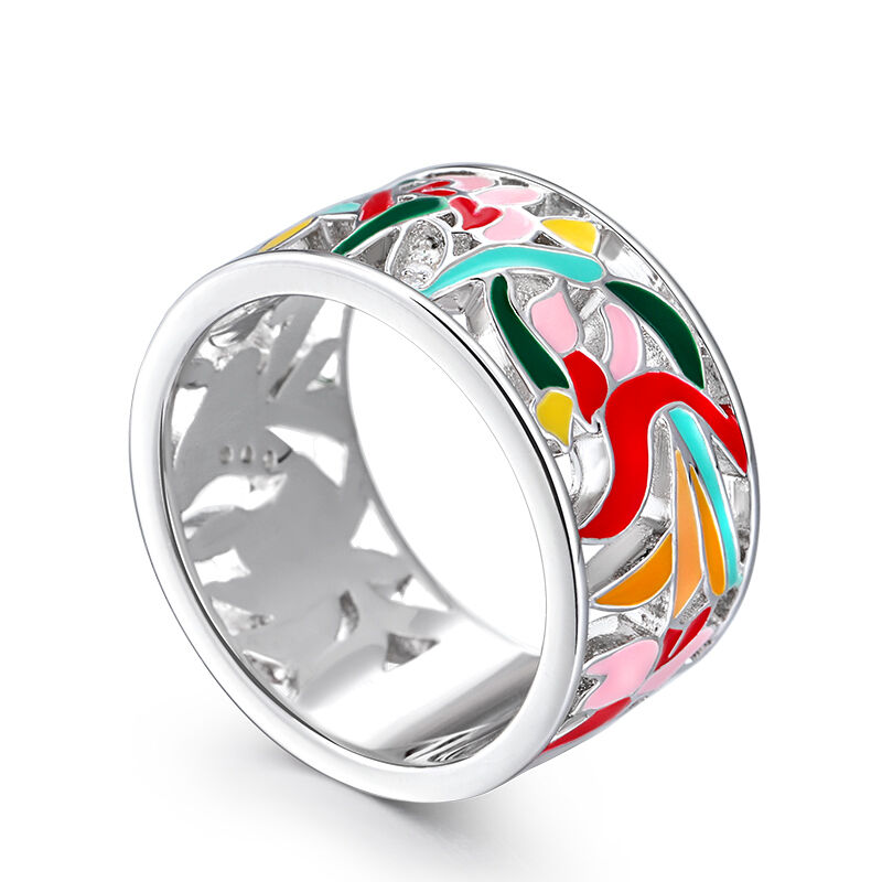 Jeulia "Floral Fantasy" Flower and Leaf Enamel Sterling Silver Women's Band