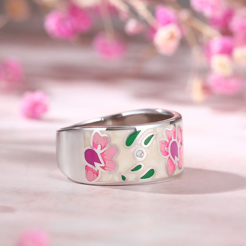 Jeulia "Shine Like the Sun" Floral Enamel Sterling Silver Women's Band