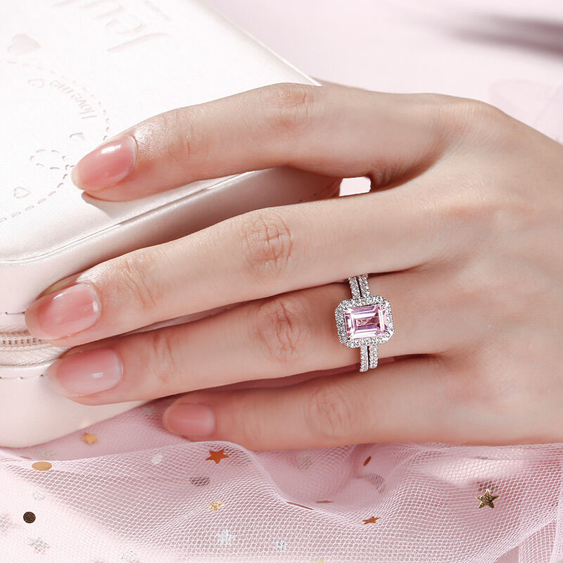 Jeulia Halo Emerald Cut Synthetic Morganite Sterling Silver Ring Set