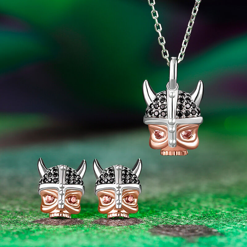 Jeulia "Horned Demon" Skull Design Two Tone Sterling Silver Jewelry Set