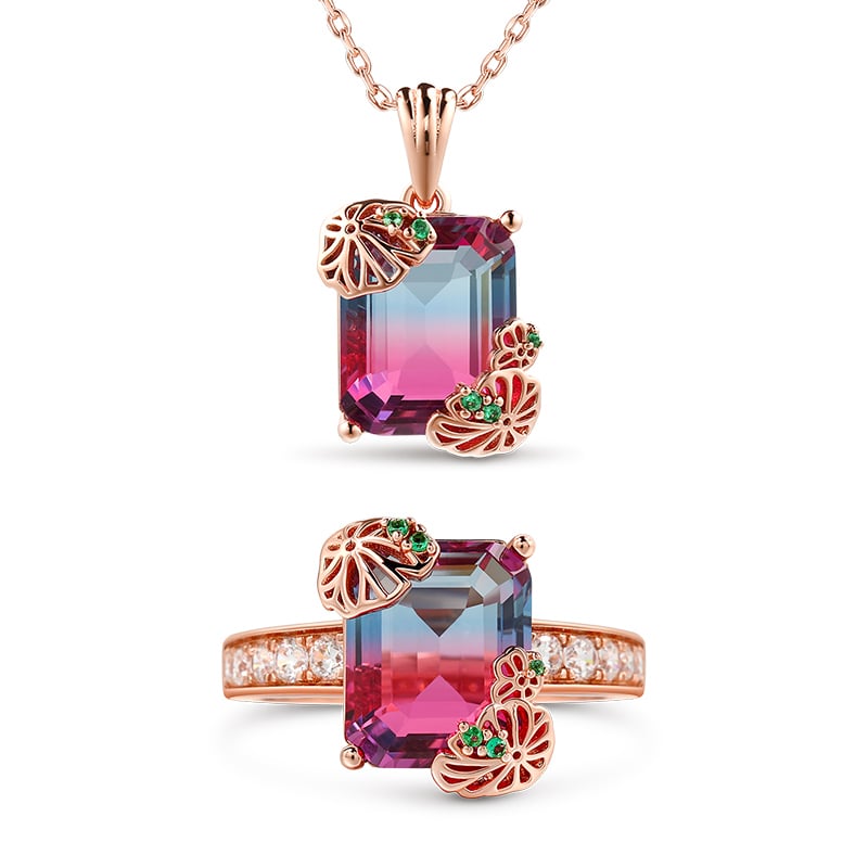 Jeulia "Eternal Pure Bliss" Water Lilies Inspired Emerald Cut Sterling Silver Jewelry Set