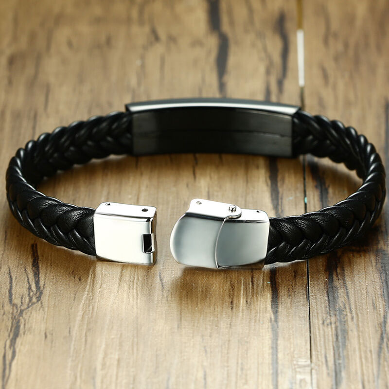 Jeulia Rhinestone Stainless Steel Leather Men's Bracelet