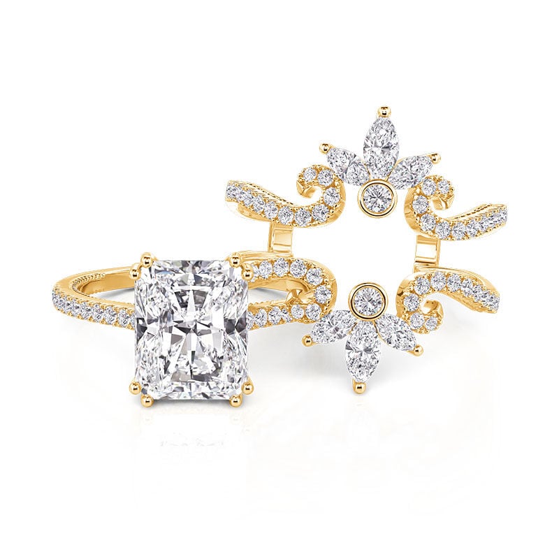 Jeulia Radiant Cut Bridal Ring Set with Symmetrical Leaf Design Enhancer