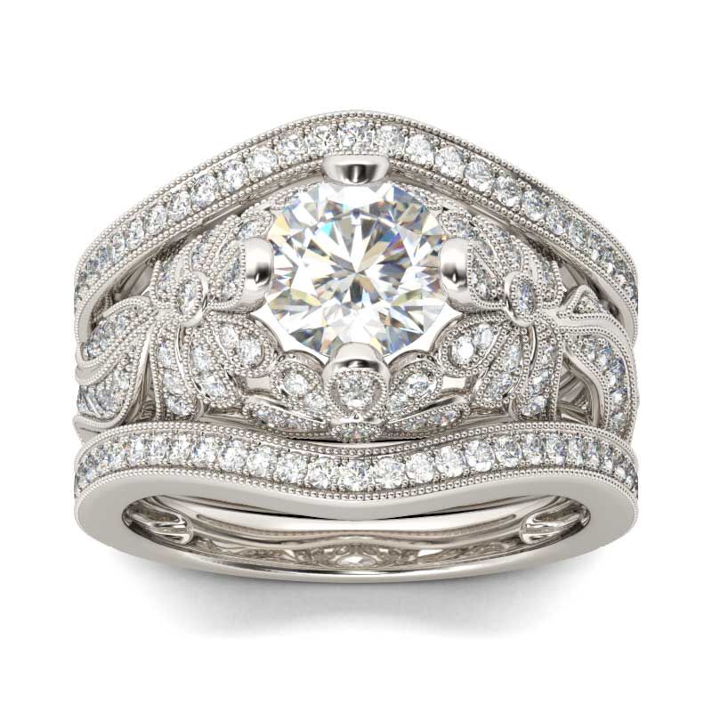 Jeulia Conjunto De Anillos Floral Milgrain De Talla Redonda En Plata De Ley