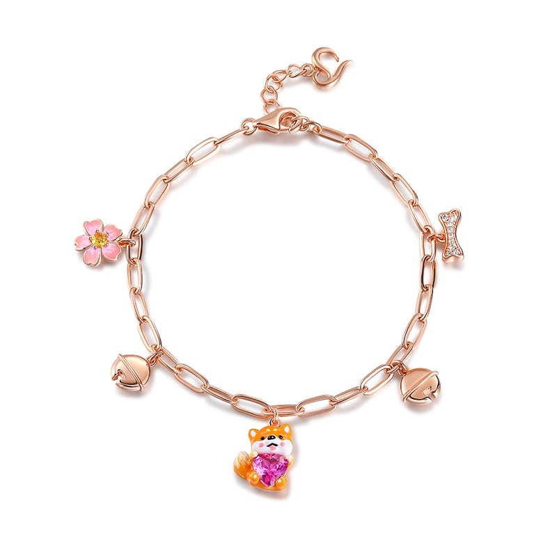 Jeulia Hug Me "Smiling Shiba Inu" Heart Cut Sterling Silver Bracelet